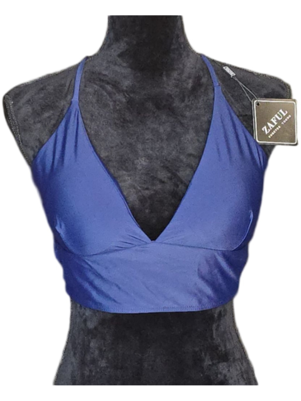ZAFUL Bikini Top Wmn Sm Blue Plunge V Neck Criss Cross Tie Back Swimwear NWT